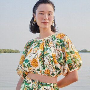 Farm Rio Biriba Smock Cropped Blouse Top Puff Sleeves Size L Off-White Green